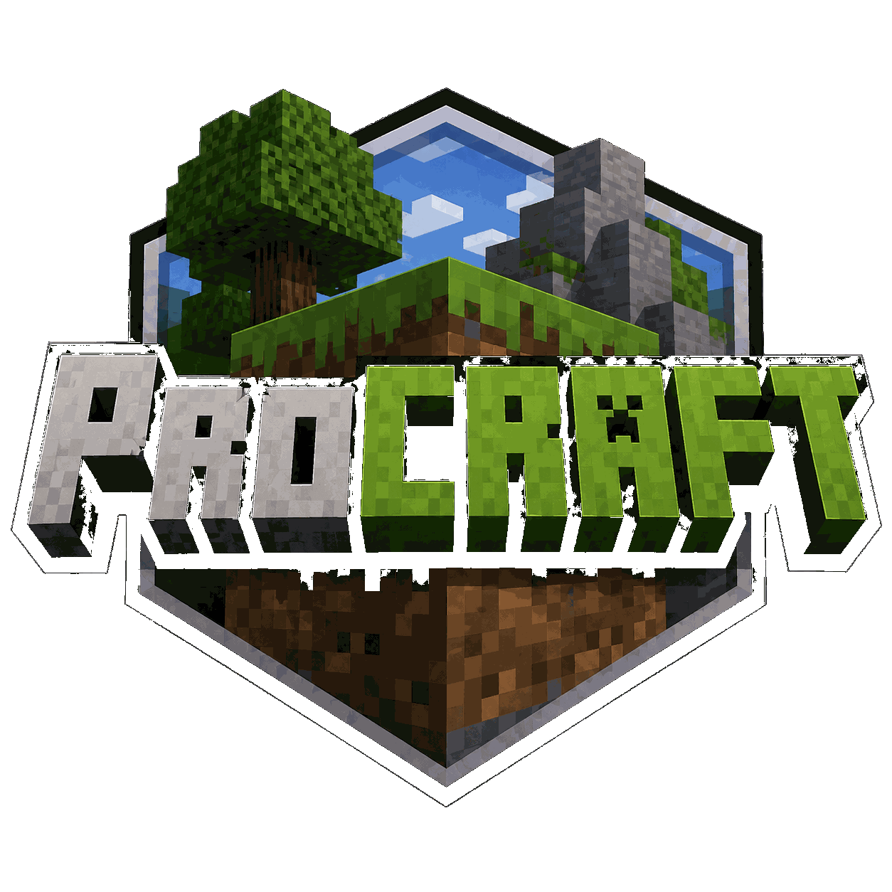 ProCraft Modpack Logo mit Erdblock, Baum und Steinberg